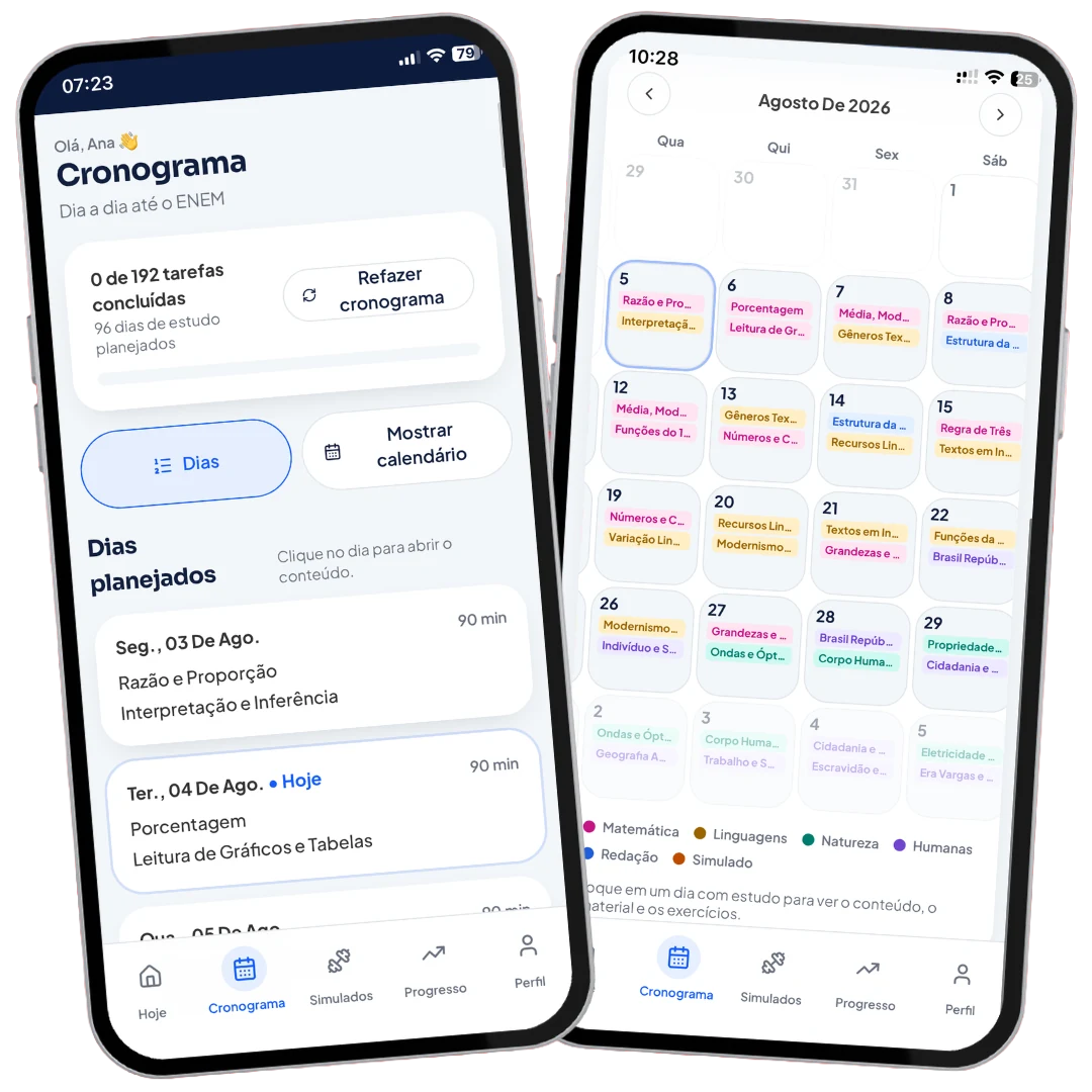 Tela do cronograma do APP Desatrasa ENEM 2026 mostrando os dias planejados